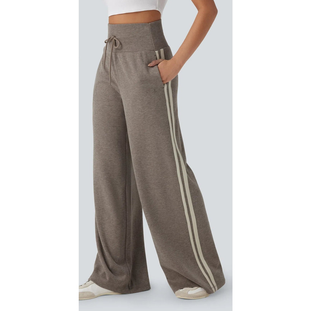Halara Ribbed High Waisted Tummy Control Drawstring Wide Leg Taupe Trousers L